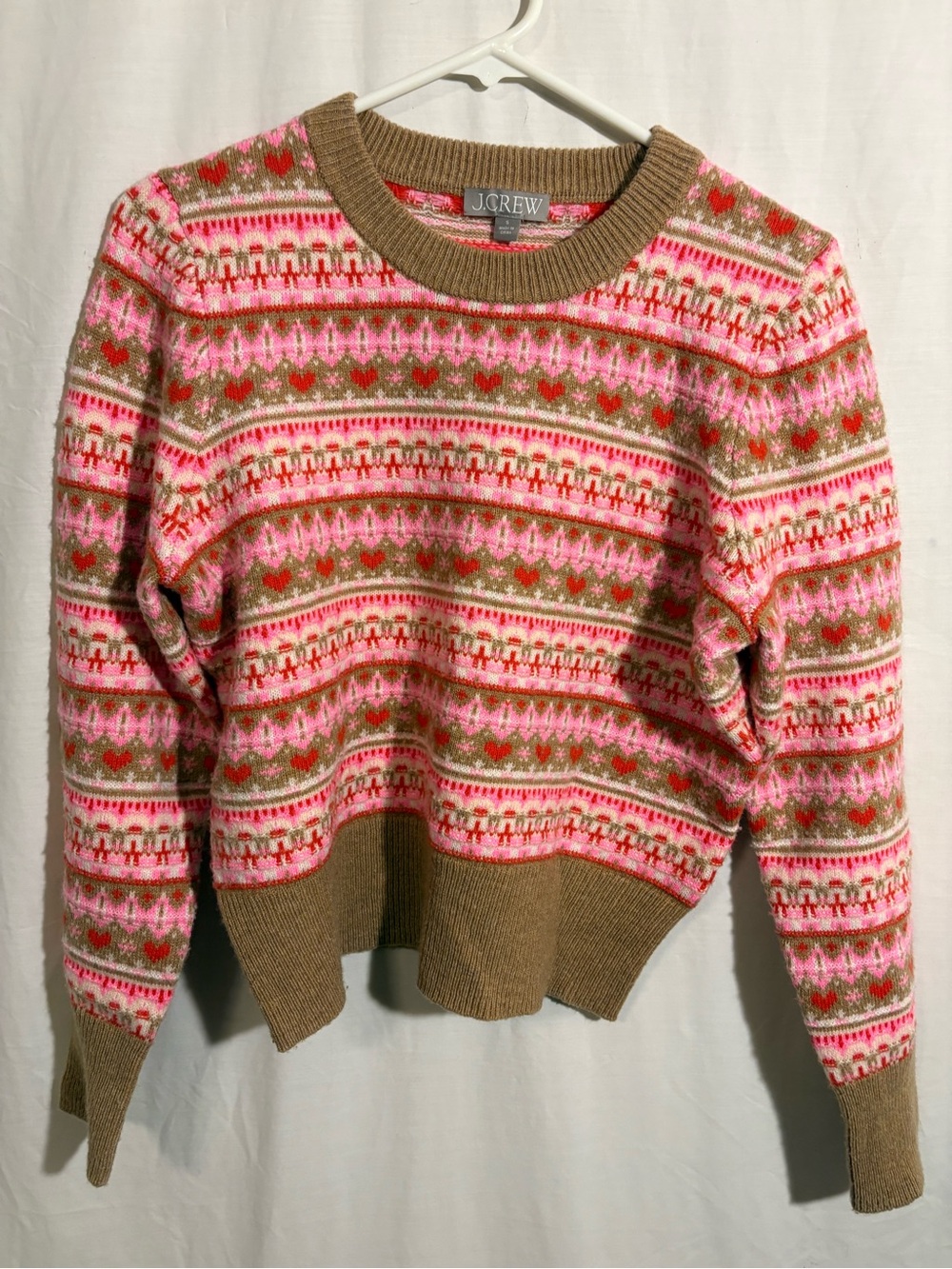 J. Crew Pink & Brown Fair Isle Crewneck Sweater